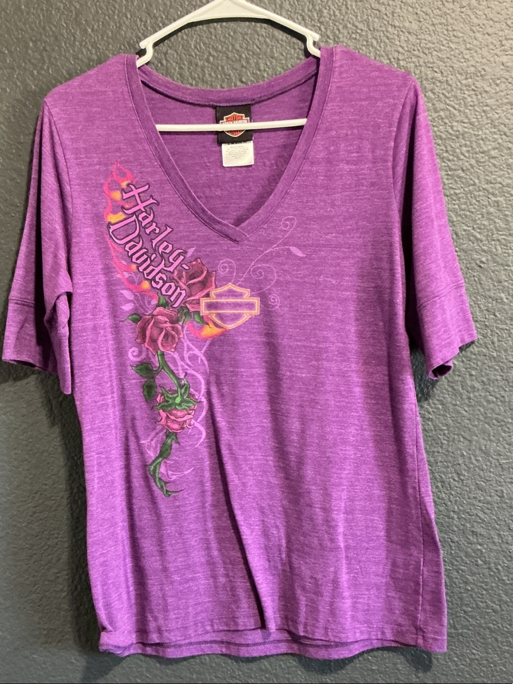 Harley-Davidson Purple V-Neck Tee with Pink and Green Floral Graphic